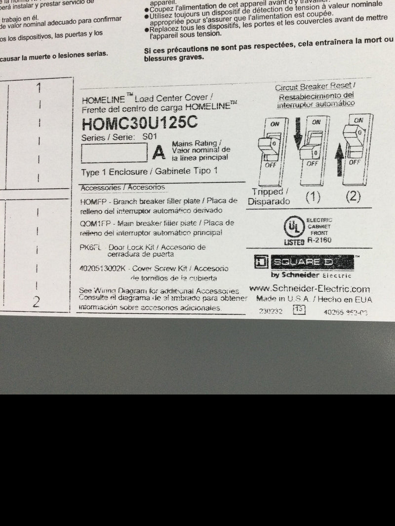 Square D Homeline Load Center Cover HOMC30U125 Series S01 Cover Type 1 30 Space with Main Only 35" x 15 1/2"