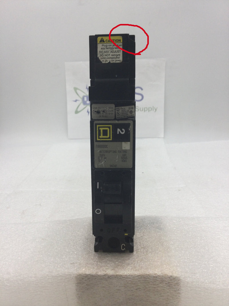 Square D FH16020C Single Pole 20A 277VAC Type FH I-Line Circuit Breaker