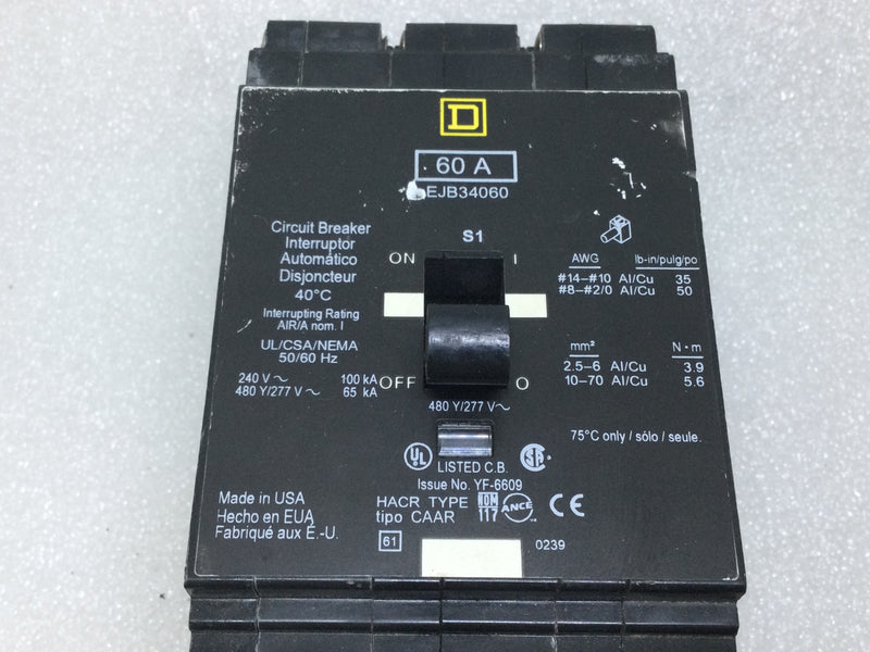 Square D EJB34060 Type EJB 3 Pole 60 Amp 480v Bolt In Circuit Breaker