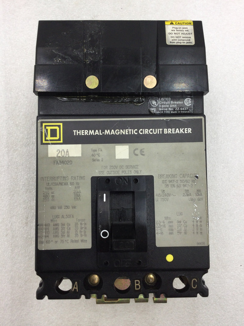 Square D FA34020 20 Amp 3 Pole Thermal-Magnetic I Line Circuit Breaker