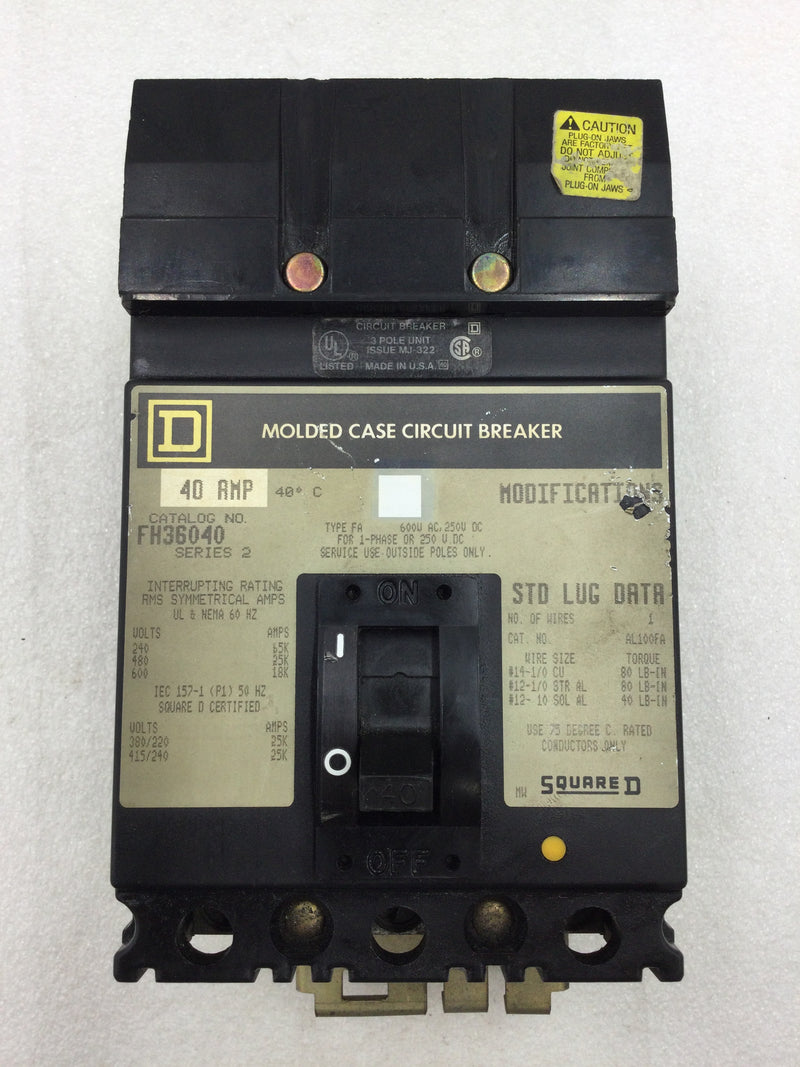 Square D FH36040 3 Pole 600v 40 Amp Circuit Breaker