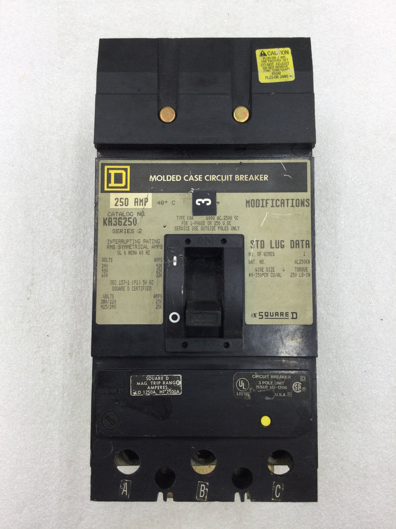 Square D KA36250 250 Amp 3 Pole 600 Volt I-Line Circuit Breaker