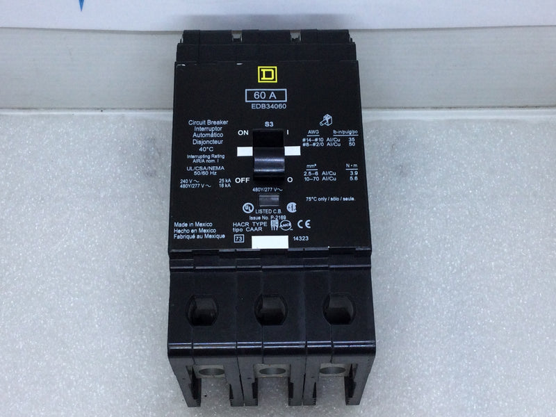 Square D EDB34060 60 Amp 3 Pole 480 Volt Circuit Breaker