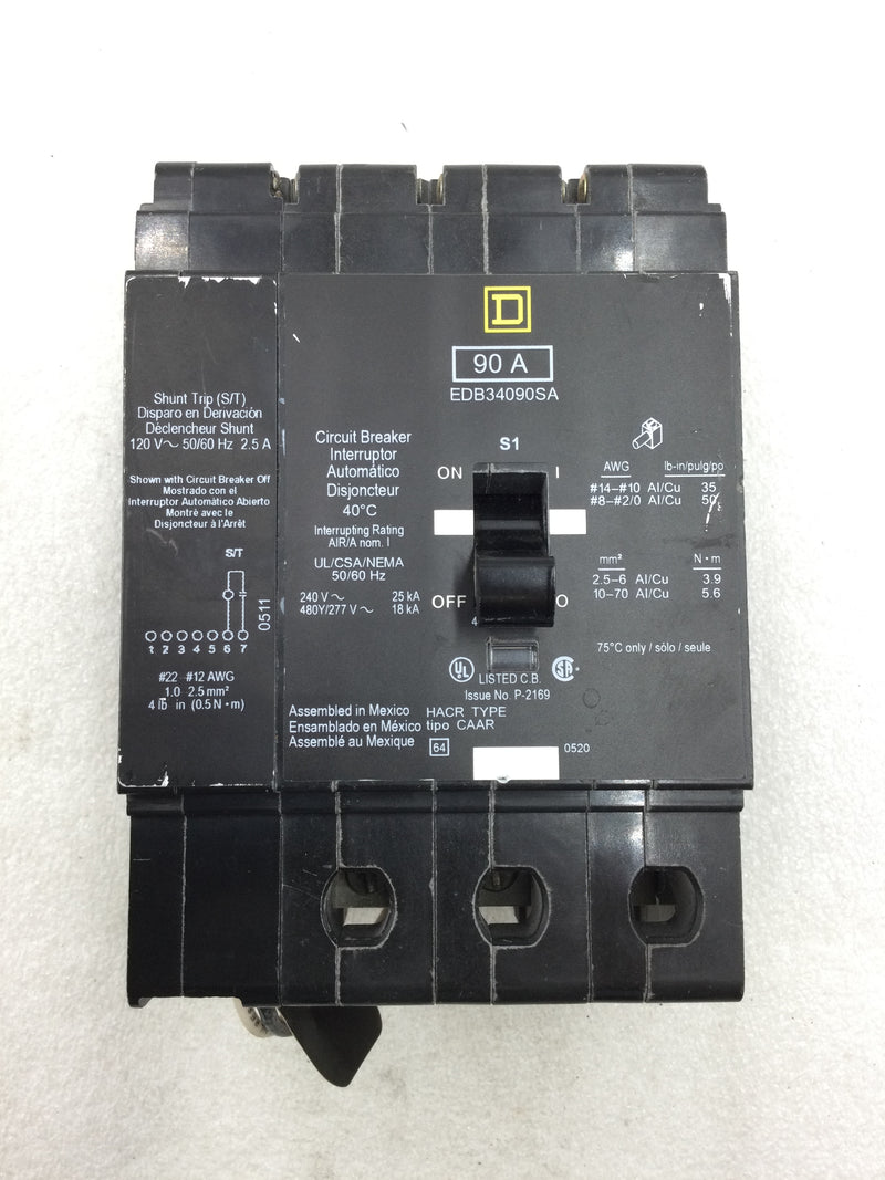 Square D EDB34090SA 90 Amp 3 Pole 480V Shunt Trip Circuit Breaker