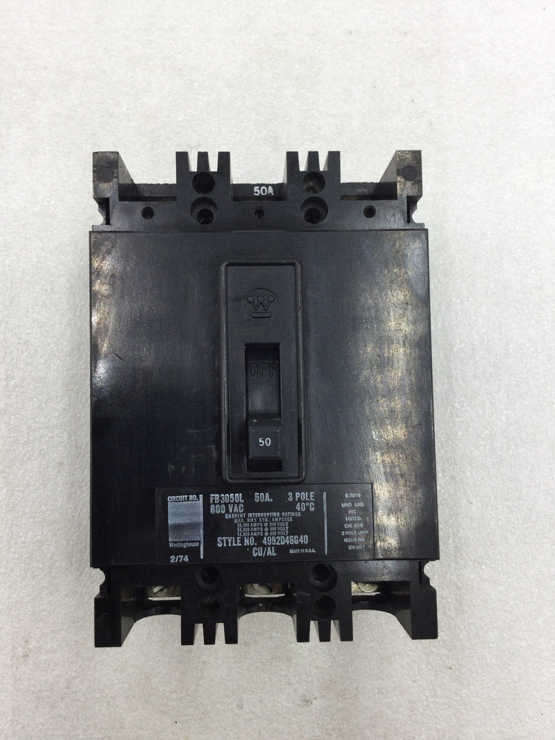 Westinghouse FB3050L 50 Amp 3 Pole 600v Circuit Breaker