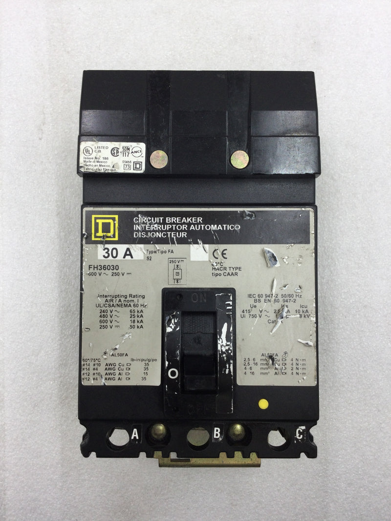 Square D FH36030 3 Pole 600v 30 Amp Circuit Breaker