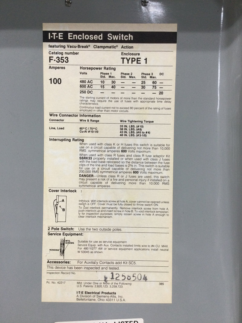 ITE F353 100 Amp 3 Pole 600V Fused Vacu-Break Clampmatic Safety Disconnect Switch Cover Only 22 1/4" x 11"