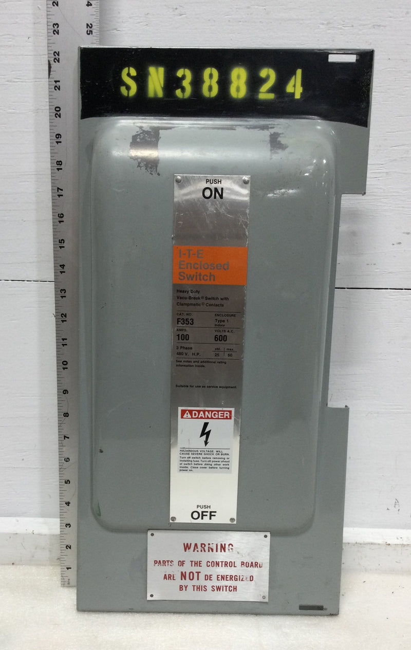 ITE F353 100 Amp 3 Pole 600V Fused Vacu-Break Clampmatic Safety Disconnect Switch Cover Only 22 1/4" x 11"