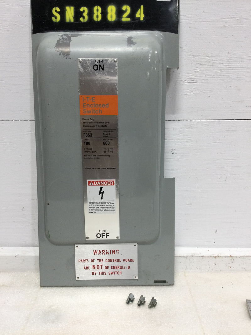 ITE F353 100 Amp 3 Pole 600V Fused Vacu-Break Clampmatic Safety Disconnect Switch Cover Only 22 1/4" x 11"