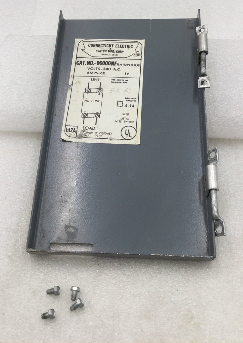 Connecticut Electric & Switch 06000NF Nema 3R Hinged Cover/Door Only 60 Amps 240V 9 1/8" x 5 1/2"