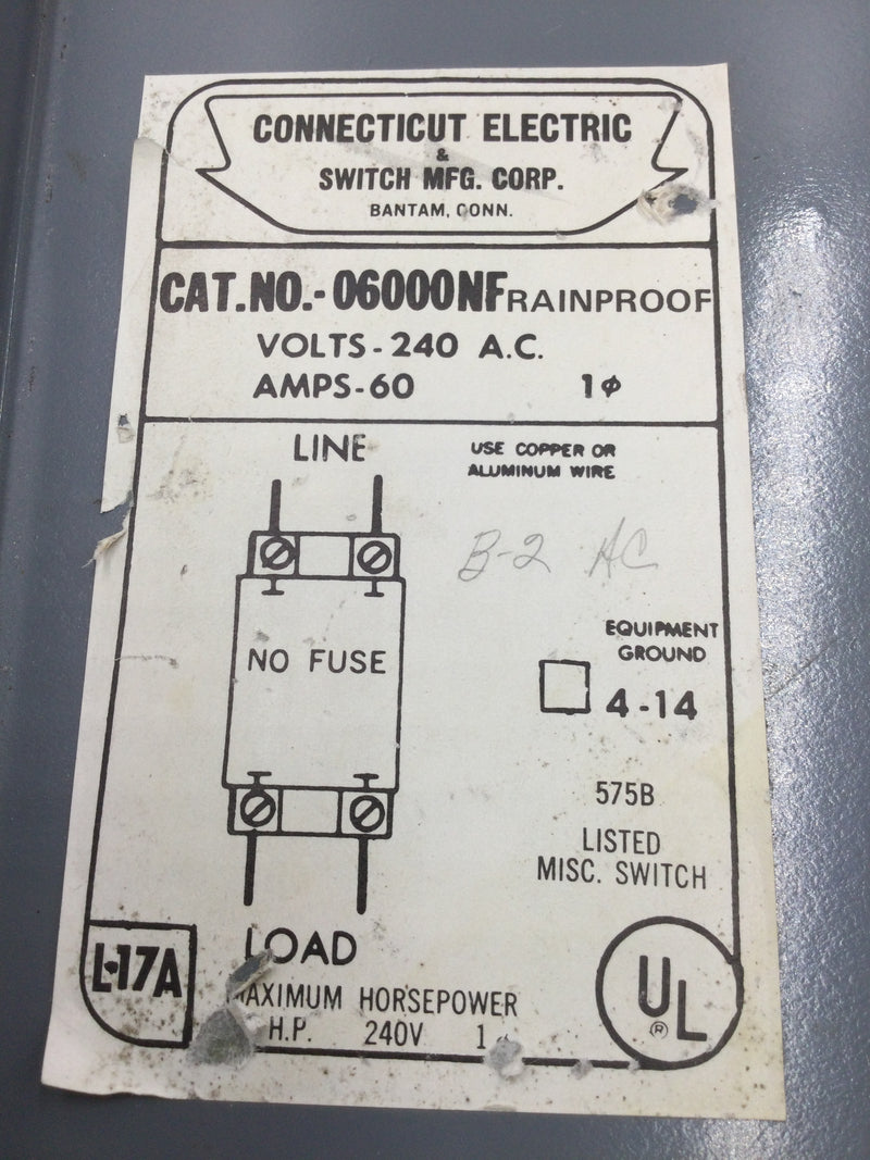 Connecticut Electric & Switch 06000NF Nema 3R Hinged Cover/Door Only 60 Amps 240V 9 1/8" x 5 1/2"