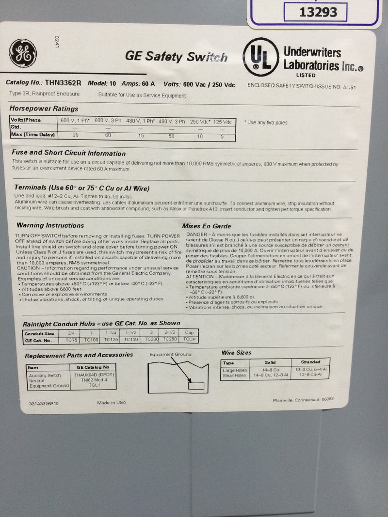 GE General Electric THN3362R 60 Amp 600V/250VDC 3 Pole Non Fused Nema 3R Safety Switch