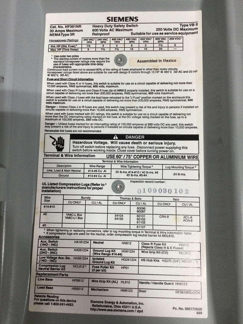 Siemens HF361NR 30 Amp 600v 3r Fusible Heavy Duty Safety Switch