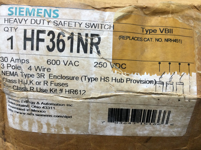 Siemens HF361NR 30 Amp 600v 3r Fusible Heavy Duty Safety Switch