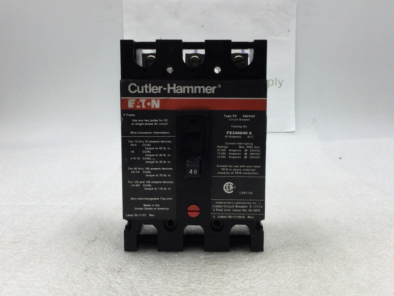 Cutler Hammer FS340040A 40 Amp 3 Pole 480Vac Circuit Breaker