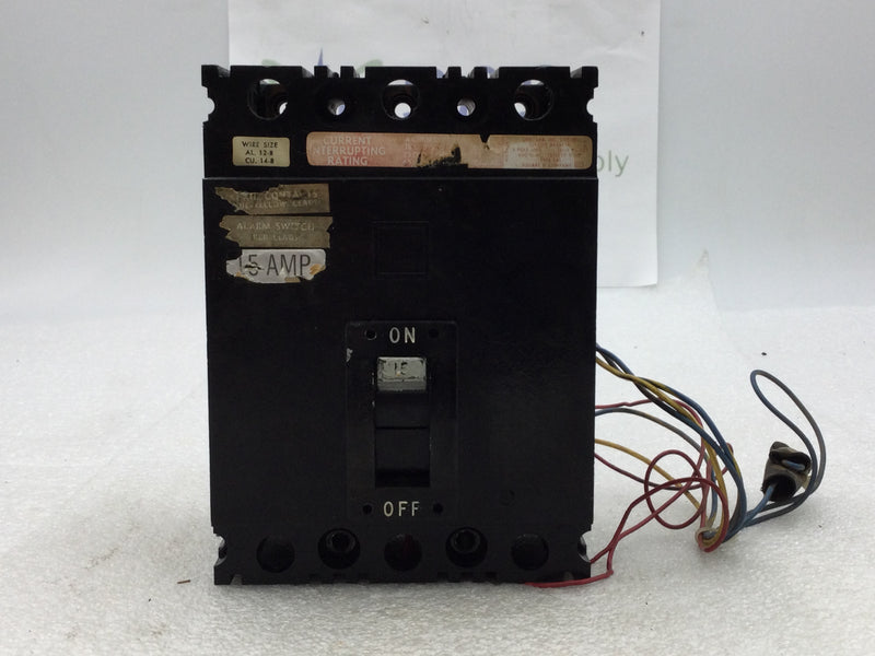 Square D FHL36015-S1253 15 Amp 3 Pole 600V Circuit Breaker - W/Aux + Alarm Switch