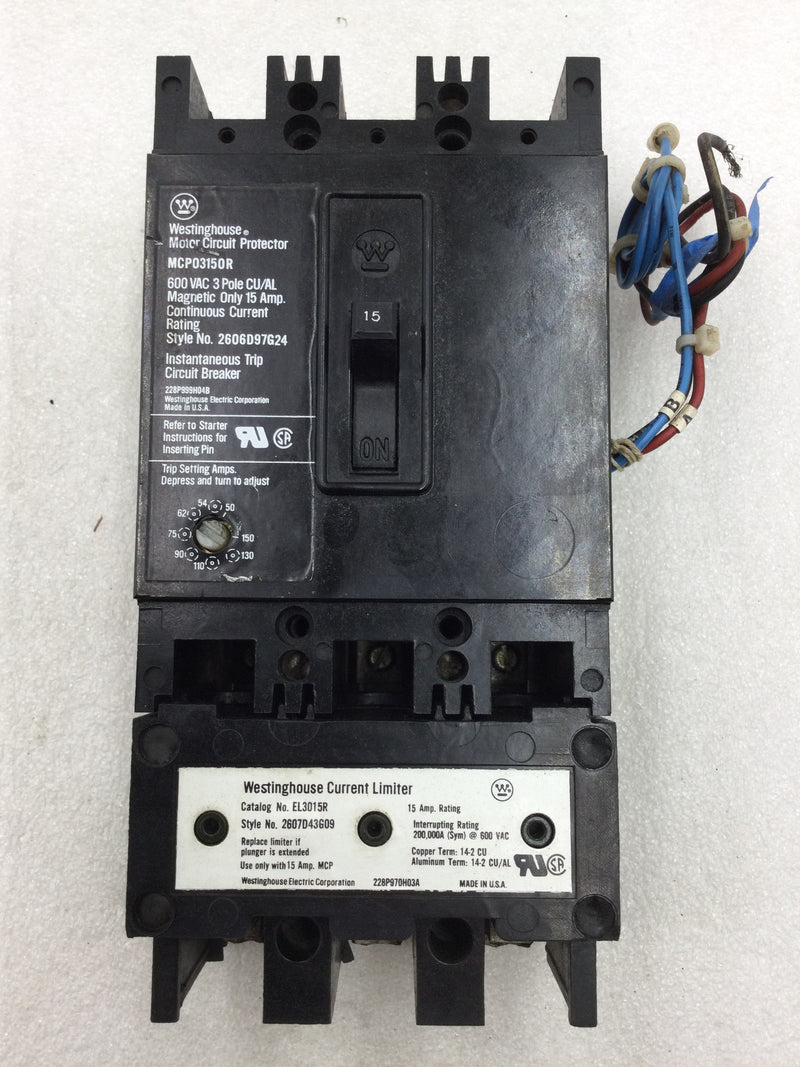 Westinghouse MCP03150R 15 Amp 3 Pole 600v Circuit Breaker With Shunt Trip and EL3015R Current Limiter