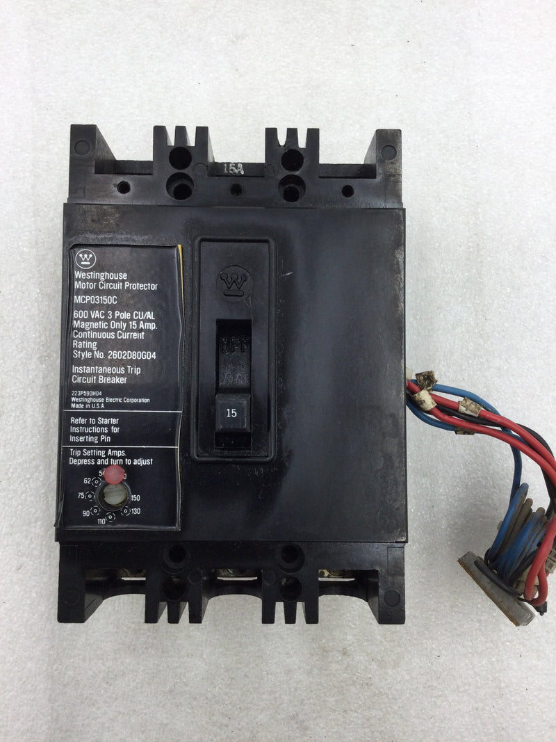 Westinghouse MCP03150C 15 Amp 3 Pole 600v Motor Circuit Breaker with Shunt Trip