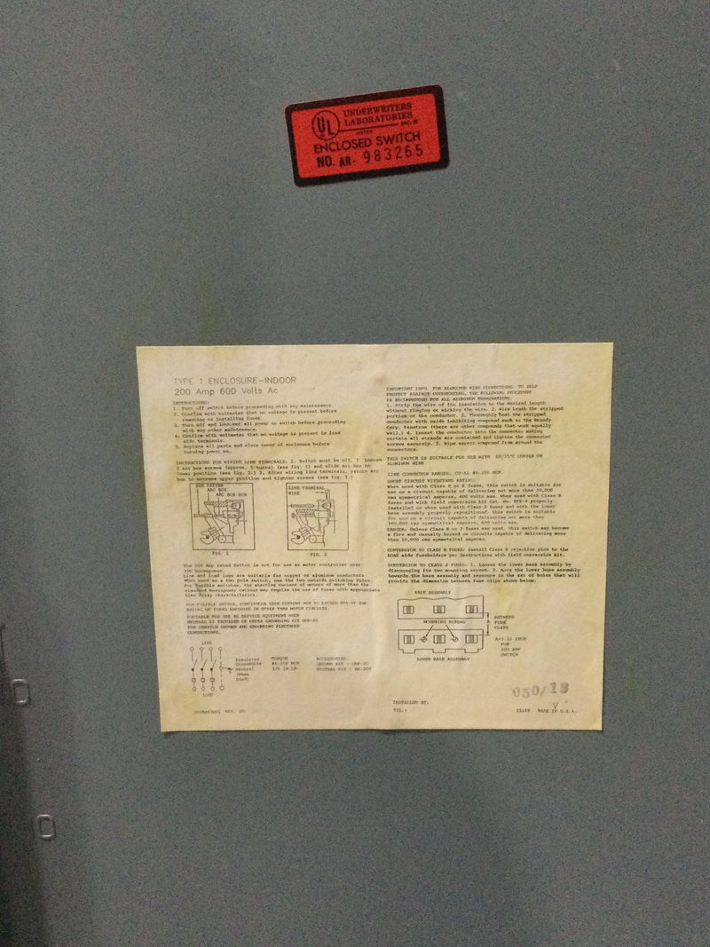 Westinghouse HFN364 200 Amp 600V 3 Phase Safety Switch