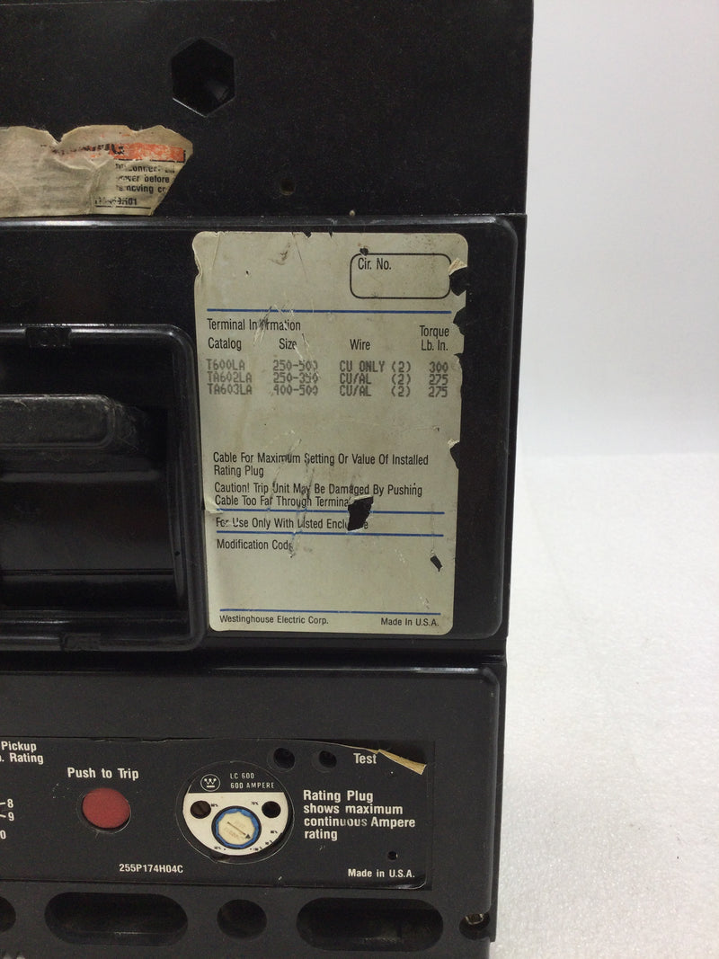 Westinghouse LC3600 600 Amp 3 Pole 600 VAC Circuit Breaker