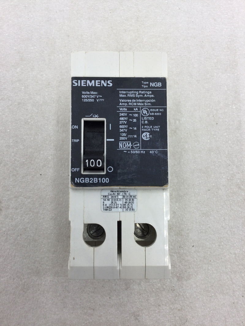 Siemens NGB2B100 100 Amp 2 Pole 600 Volt Bolt on Circuit Breaker