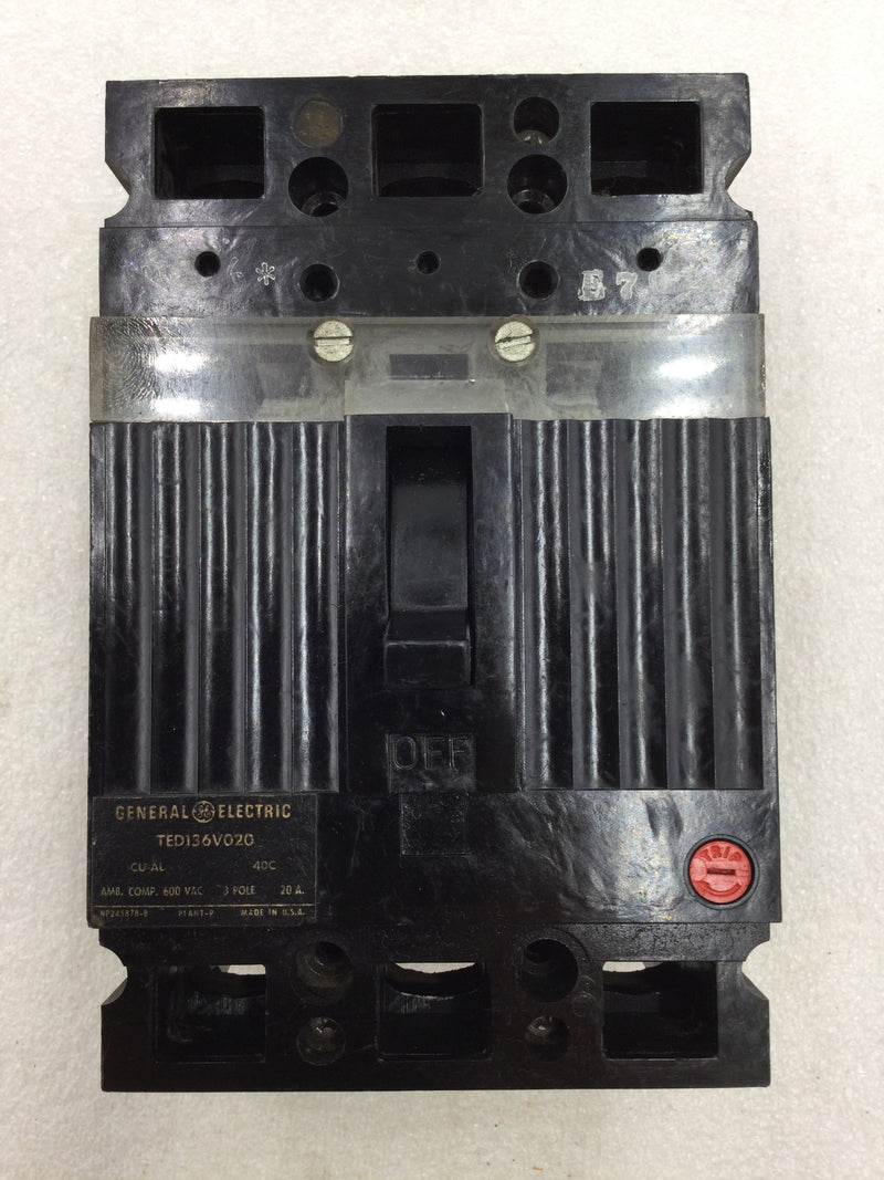 GE General Electric TED136V020 20 Amp 3 Pole Circuit Breaker