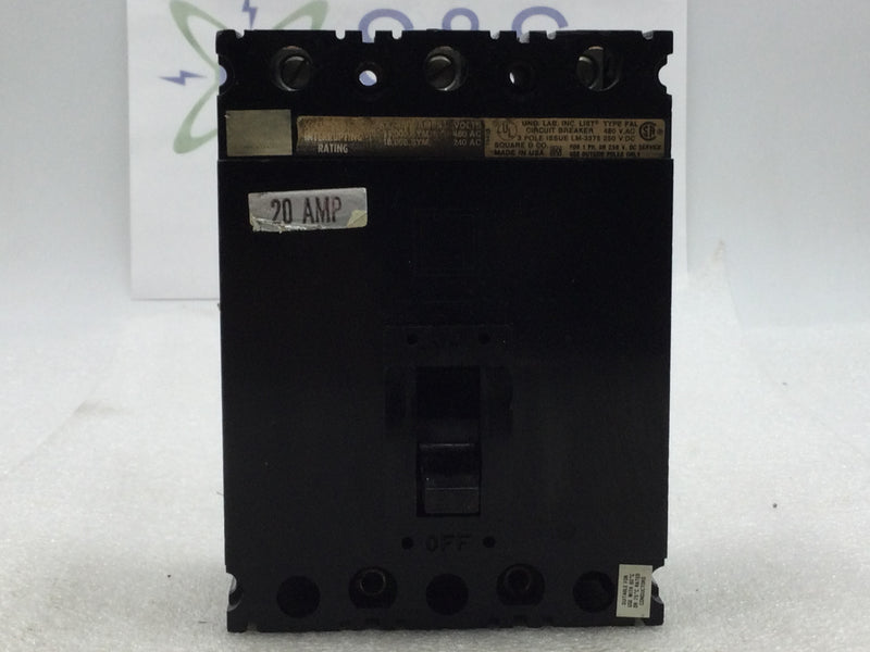 Square D FAL34020 20 Amp 3 Pole 480V Circuit Breaker - Black Face