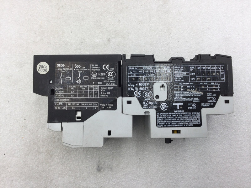 Moeller/Eaton PKZM0-10 3 Pole Motor Protective Circuit Breaker with SE00-11-PKZ0 Contactor and On/Off/Reset Switch