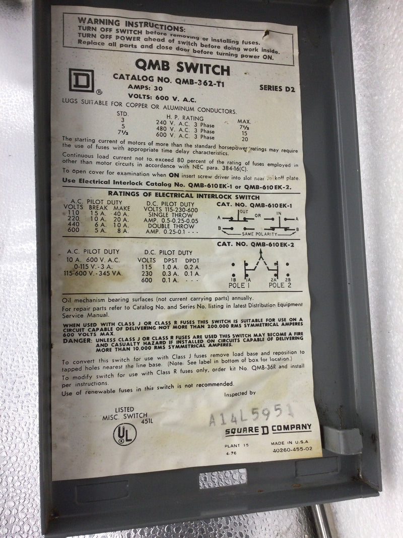 Square D QMB-362-T1 30 Amp 3 Pole 600v Twin Fusible Panelboard Switch