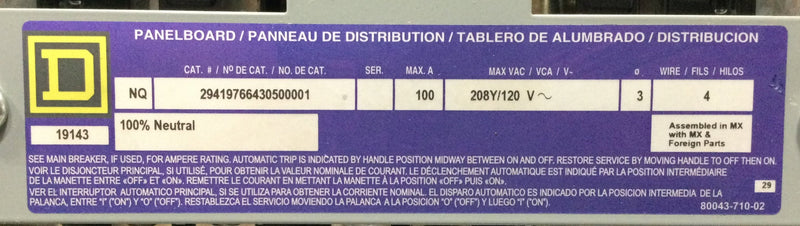 Square D NQ Type MLO 100 AMP 42 Circuit NQ Panelboard 3 PH 4 Wire with Cover NC44F, Box MH44BE