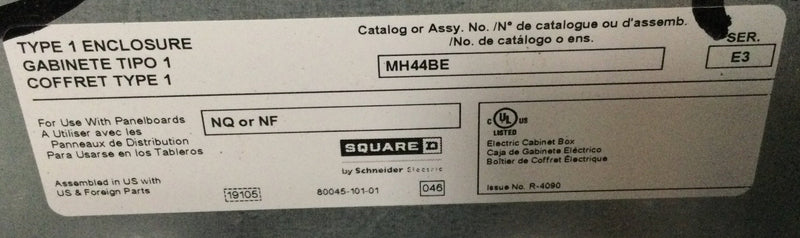 Square D NQ Type MLO 100 AMP 42 Circuit NQ Panelboard 3 PH 4 Wire with Cover NC44F, Box MH44BE