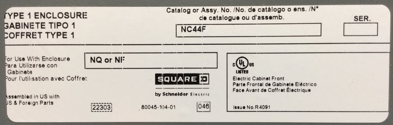 Square D NQ Type MLO 100 AMP 42 Circuit NQ Panelboard 3 PH 4 Wire with Cover NC44F, Box MH44BE