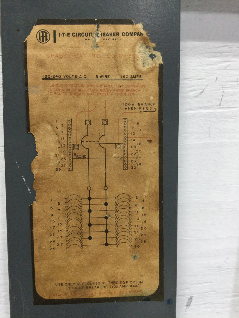 ITE EQ16-30CBA Dead Front Cover Only 30 Spaces 120/240V 3 Wire 150 Amps 19.75" x 10.75"