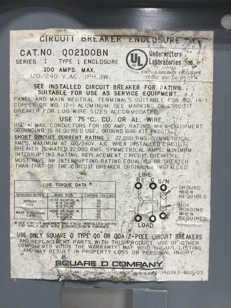 Square D QO2100BN Enclosed Circuit Breaker Cover Only 100 Amp 120/240V Series 1 Type 1 13 3/8" x 6 1/8"