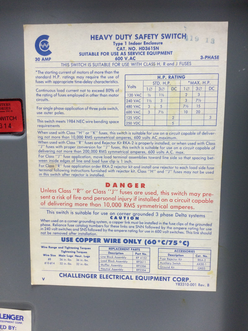 Challenger HD361SN 30 Amp 600v 3 Pole Fusible Disconnect Safety Switch