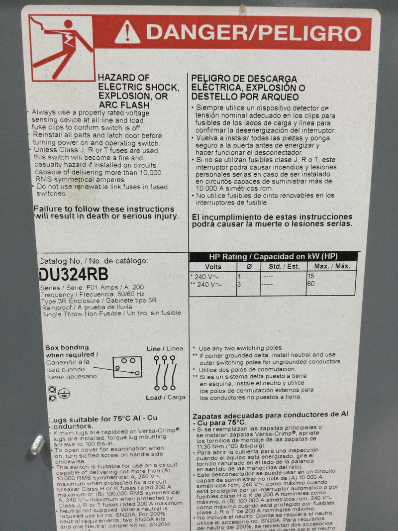 Square D DU324RB Safety Disconnect Switch 200 Amp 240 VAC 3 Phase Nema 3R Non-Fused 60 HP Max