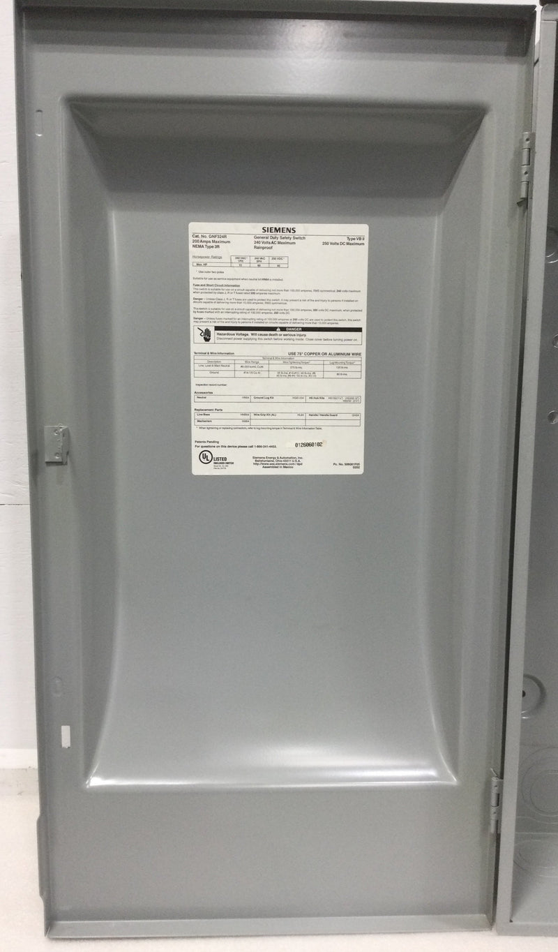 Siemens GNF324R Nema 3R Outdoor Non-Fused Safety Switch 200 Amp 3 Phase 240 VAC 60 HP Max