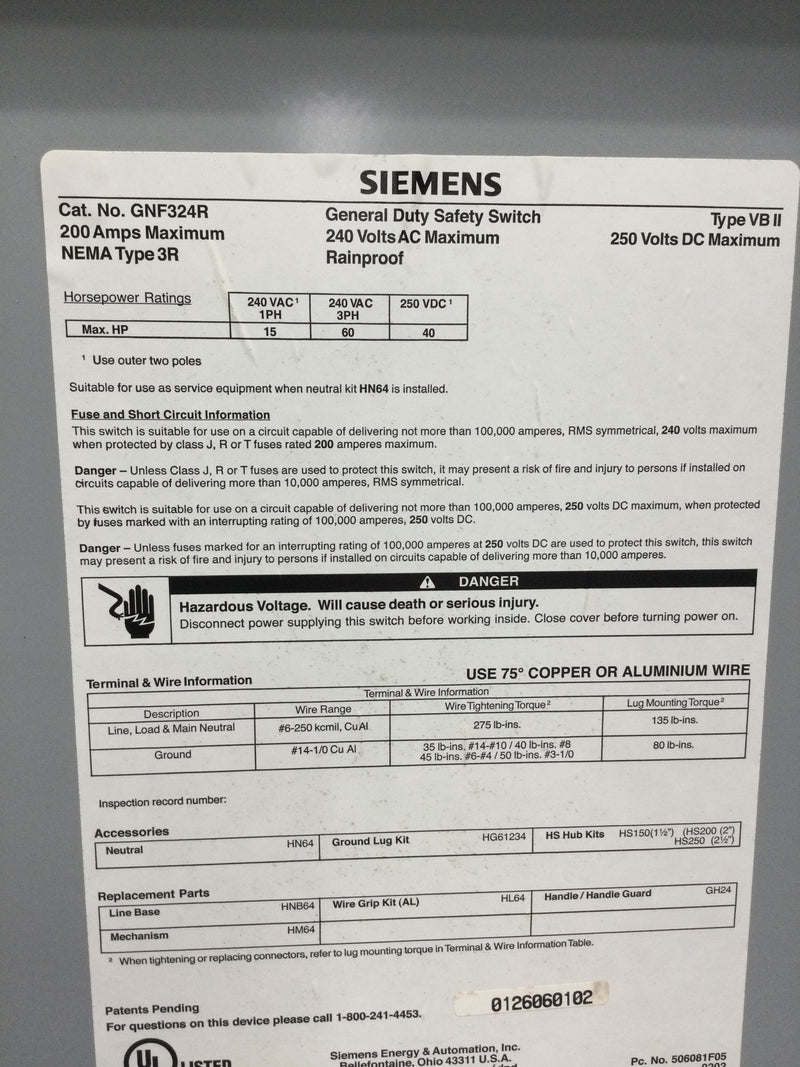 Siemens GNF324R Nema 3R Outdoor Non-Fused Safety Switch 200 Amp 3 Phase 240 VAC 60 HP Max