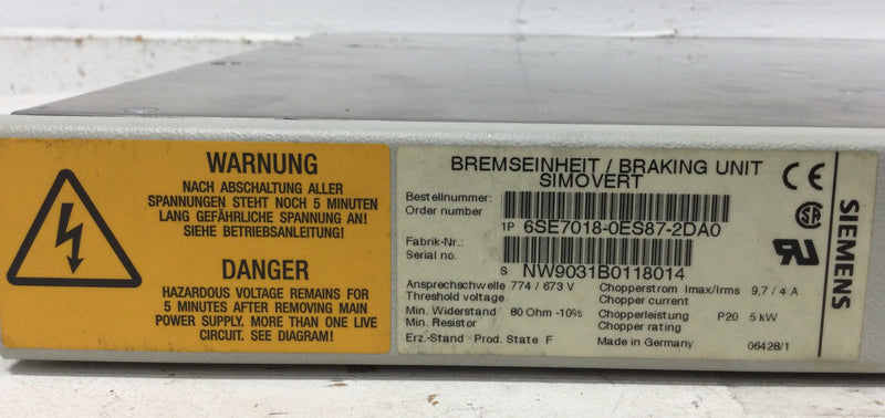 Siemens 6SE7018-0ES87-2DA0 Bremseinheit Braking Unit Simovert