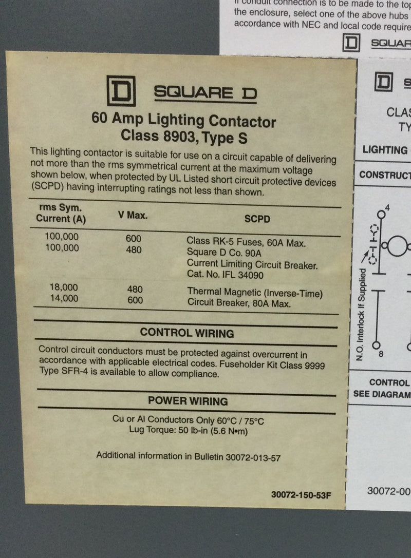 Square D 8903SPH2V02 Nema 3R Outdoor Lighting Contactor 60 Amp 3 Phase 277-600 VAC 120 VAC Coil