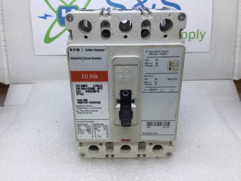 Eaton ED3225BP10 225 Amp 3 Pole ED 65K 240V 125 VDC Circuit Breaker