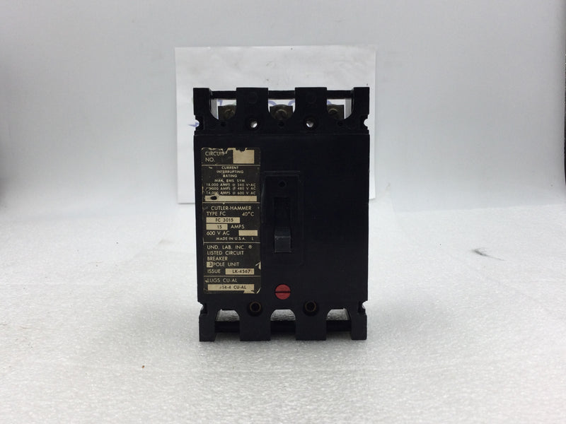 Eaton Cutler Hammer FC3015 15 Amp 3 Pole 600Vac Circuit Breaker