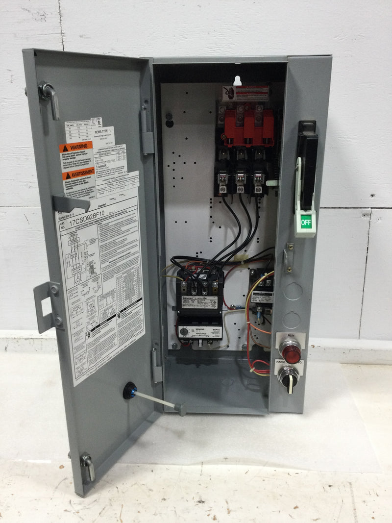 Siemens 17CSD92BF10 Class 17/18 Three Phase Combination Magnetic Starter 18 Amp 200-575 VAC Nema 1 Enclosure