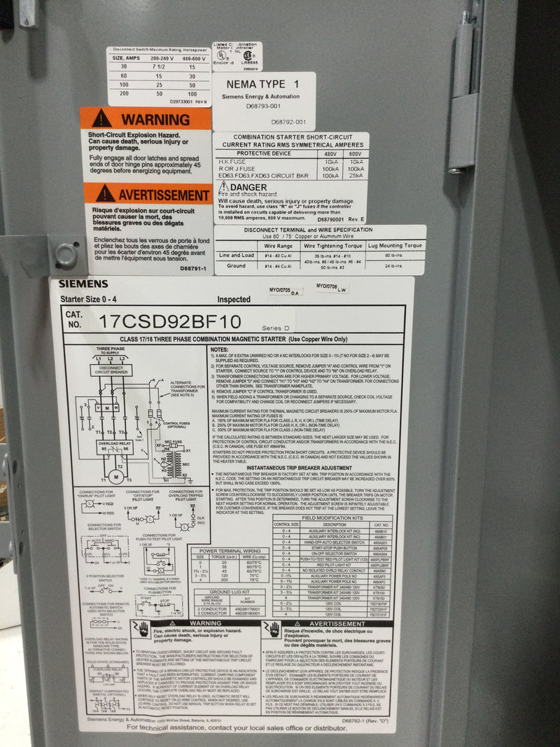 Siemens 17CSD92BF10 Class 17/18 Three Phase Combination Magnetic Starter 18 Amp 200-575 VAC Nema 1 Enclosure