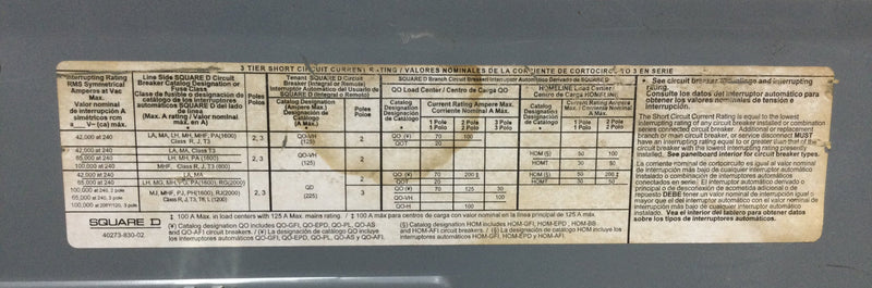 Square D QO330L200G 200 Amp 3 Phase 15 Space/30 Circuit 208Y/120/240 VAC MLO Load Center