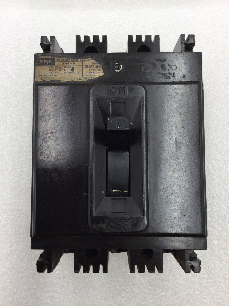 FPE Federal Pacific NEF431015 15 Amp 3 Pole 480V 125/250VDC Type NEF Circuit Breaker