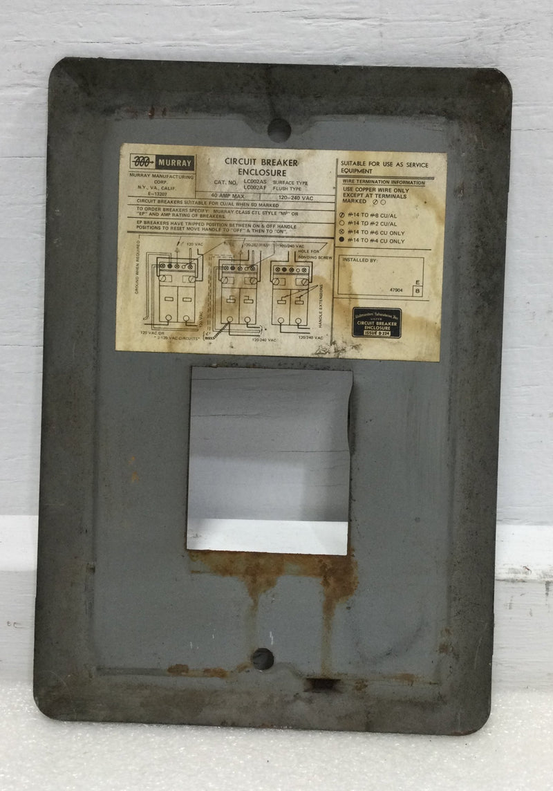 Murray LC002AF Circuit Breaker Dead Front/Cover Only 40 Amp 120/240V 8" x 5 5/8"