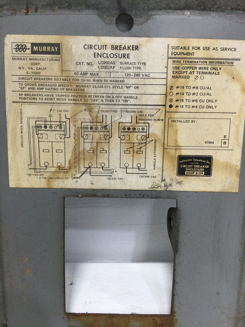 Murray LC002AF Circuit Breaker Dead Front/Cover Only 40 Amp 120/240V 8" x 5 5/8"