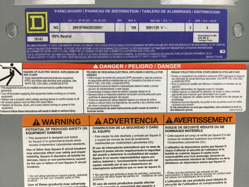 Square D Schneider Electric NQ Panelboard Interior, main lugs, 100A,, 42 pole spaces, 3 phase, 4 wire, Gust Only