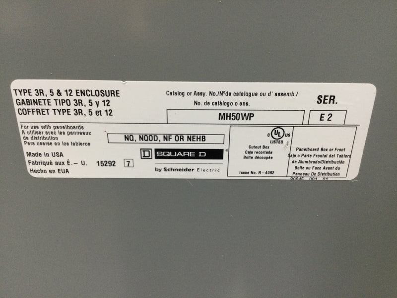 Square D NQ442L2C 225 Amp 240v 3 Phase 4 Wire Type 1 42 Space Panelboard in MH50WP NEMA 3R, 5 & 12 enclosure w/Main Breaker 50" x 20"